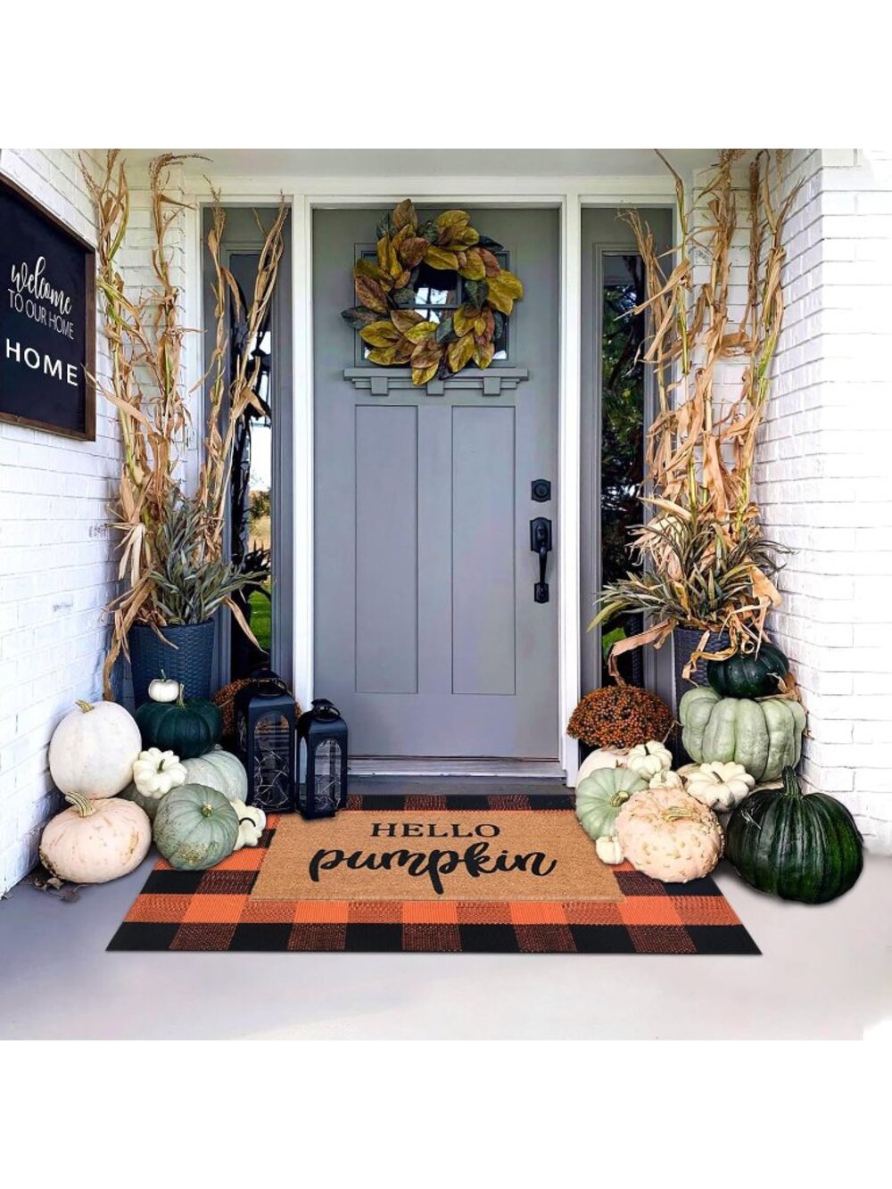 New Orange and Black Plaid Rug, 28'' x 43'' Fall Outdoor Front Door Decor - Picture 4 of 7